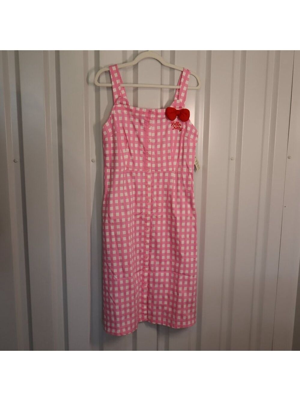 ModCloth Hello Kitty Womens Pink White Gingham Dress Button Front Size L NWT
